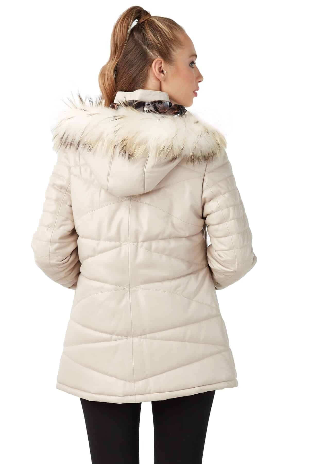 Gabriella Beige Fur Hoodie Leather Jacket For Women