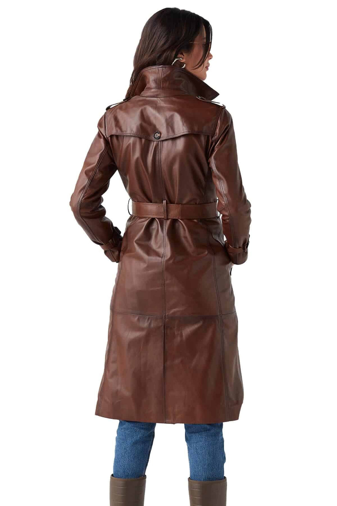 Nova Brown Leather Coat For Women With Center Belt