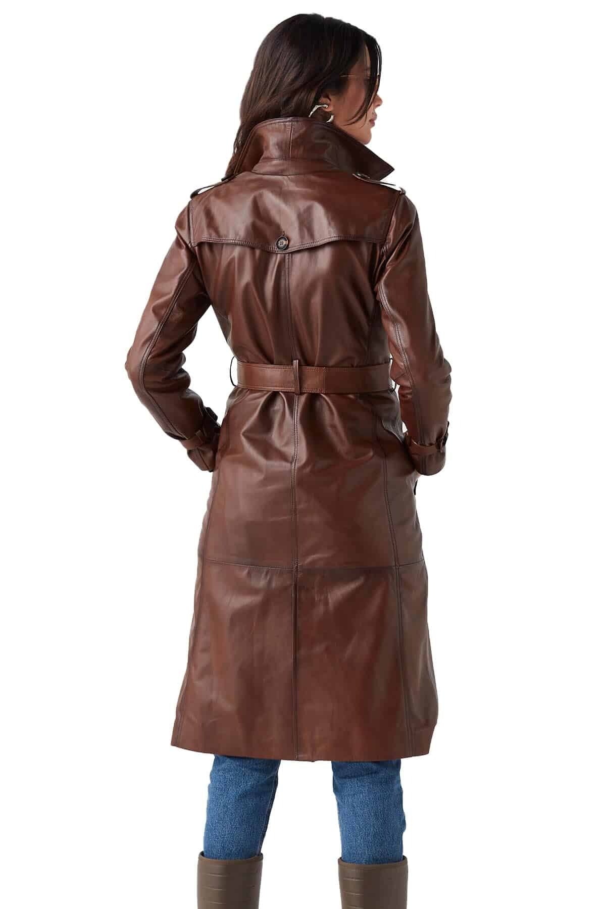 Nova Brown Leather Coat For Women With Center Belt