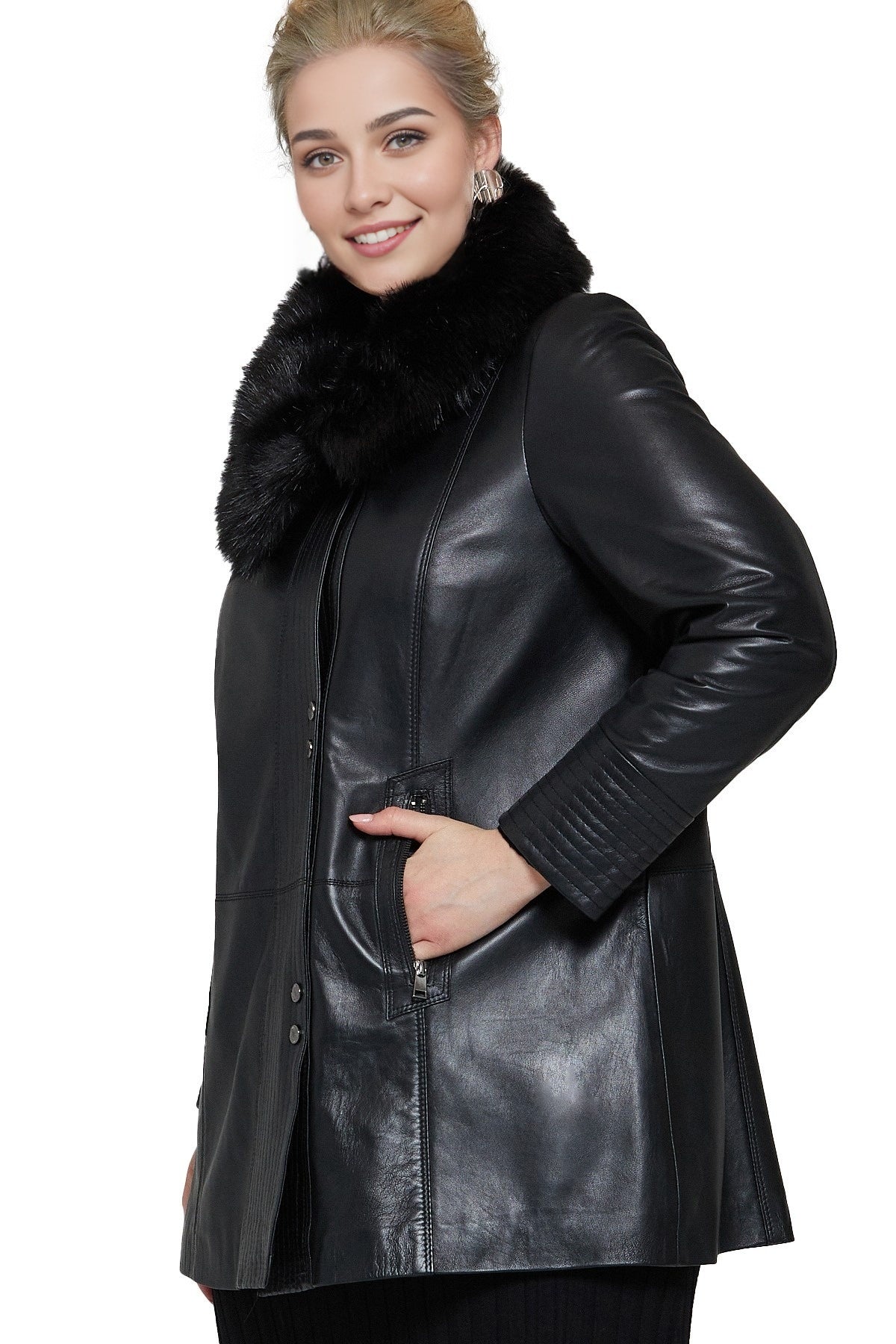 Michelle Black Trench Leather Coat For Women With Fur Collar