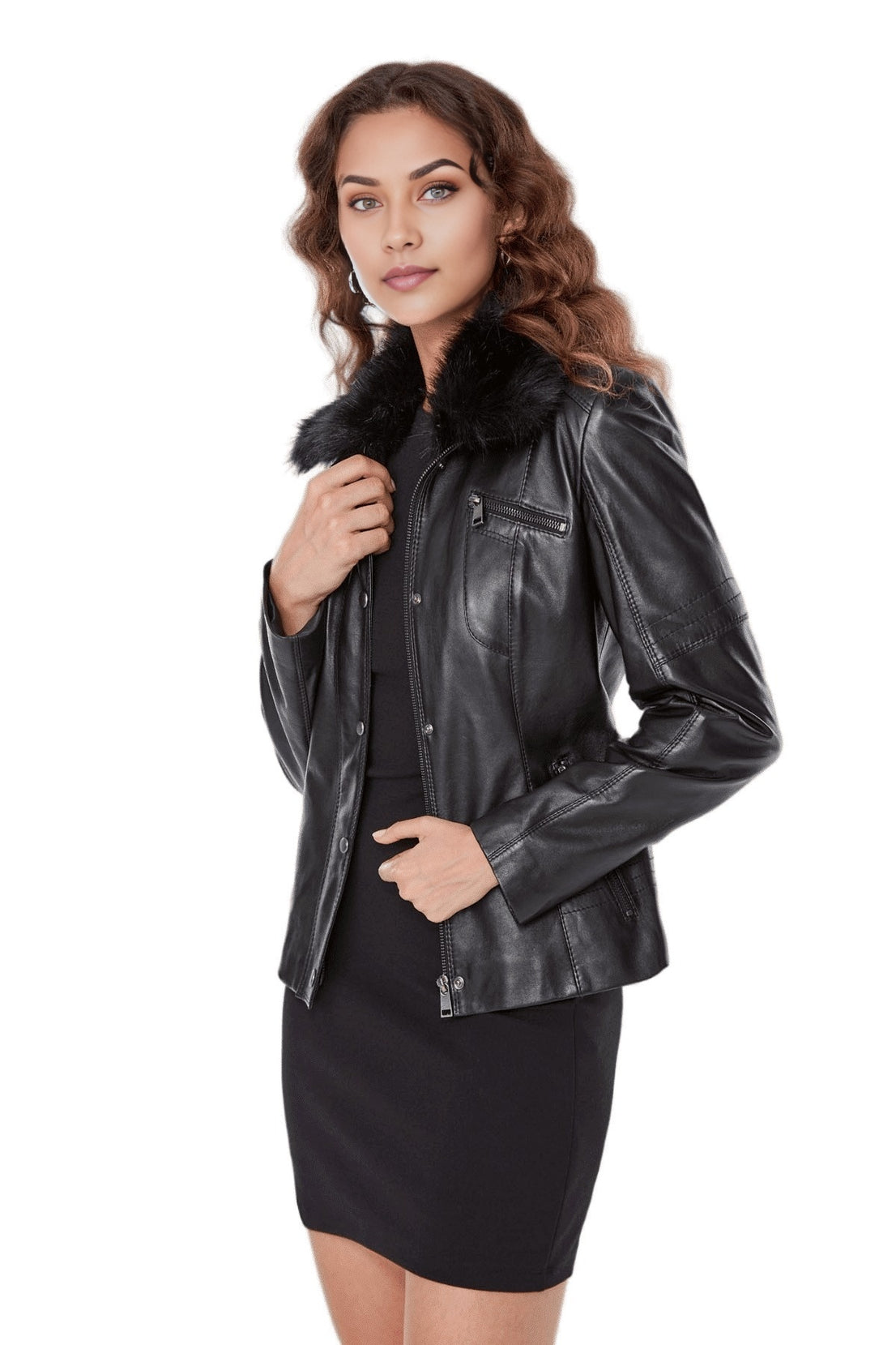 Noelle Black Fur Collar Leather Jacket For Women