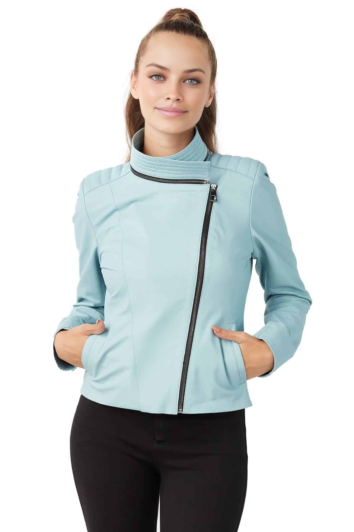 Aria Pastel Blue Leather Jacket For Women With Hoodie