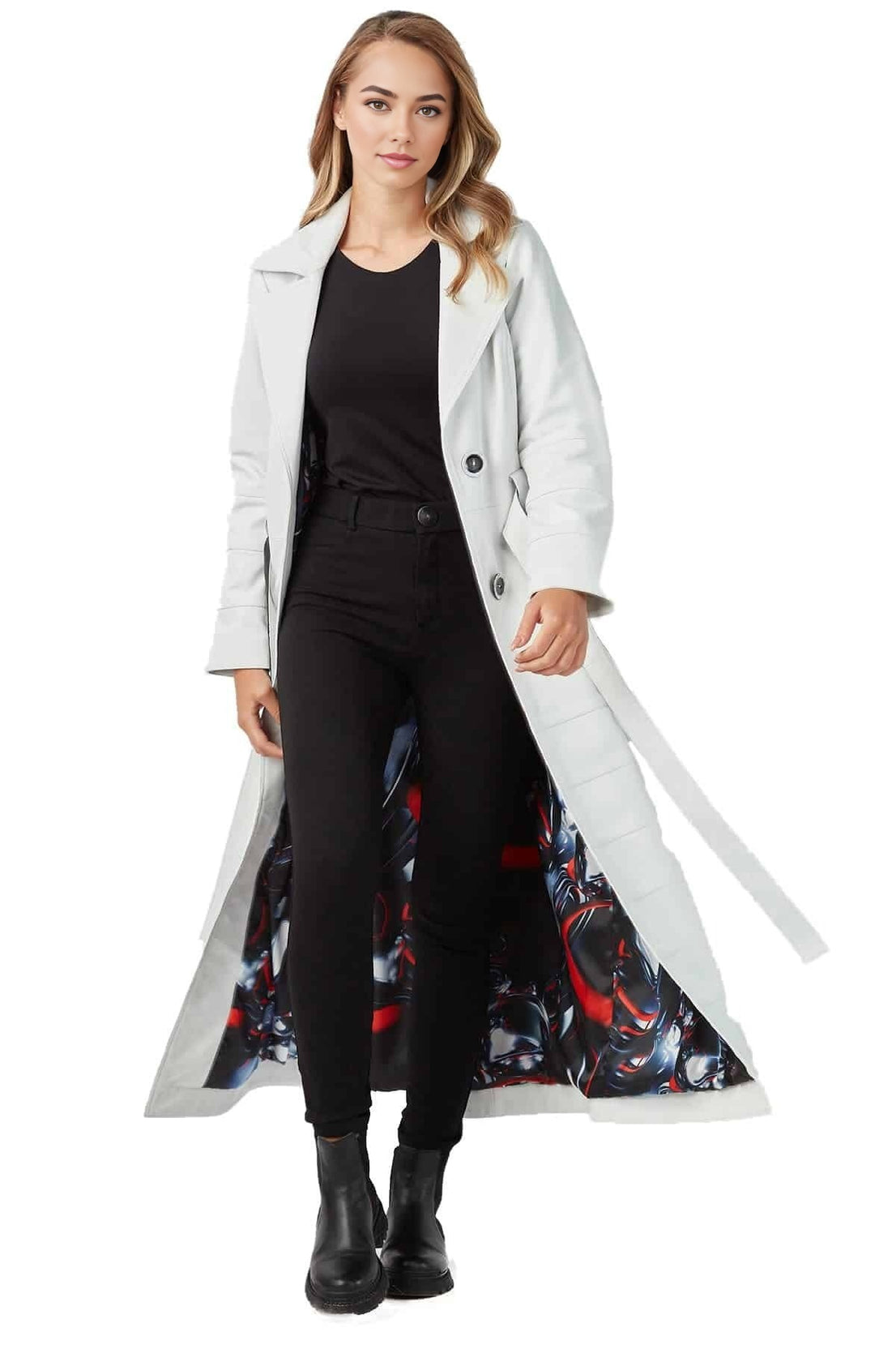 Maeve Long Leather Coat For Women With Center Belt Closure