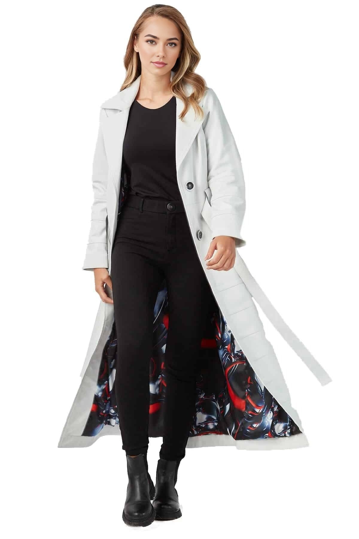 Maeve Long Leather Coat For Women With Center Belt Closure