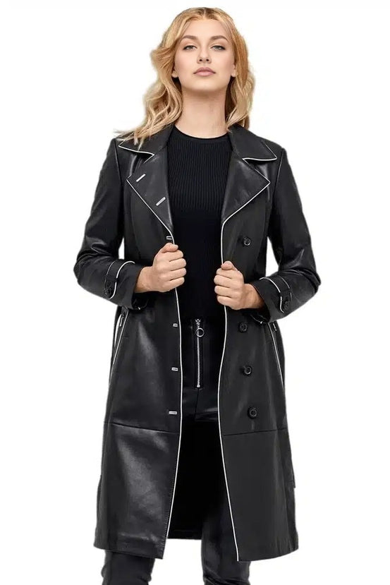 Sharon Black Stylish Leather Coat With Center Belted