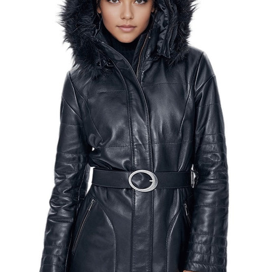 Angela Black Leather Fur Collar Short Belted Trench Coat For Women