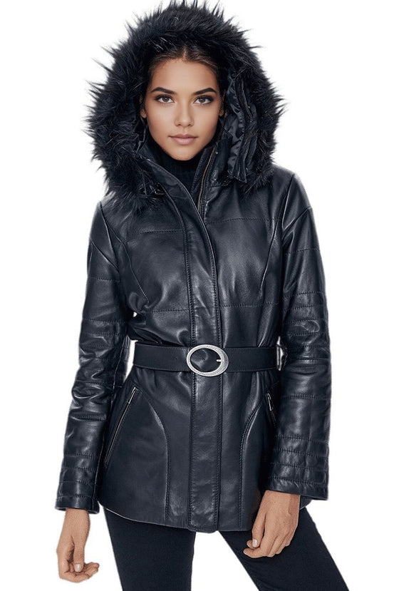 Angela Black Leather Fur Collar Short Belted Trench Coat For Women