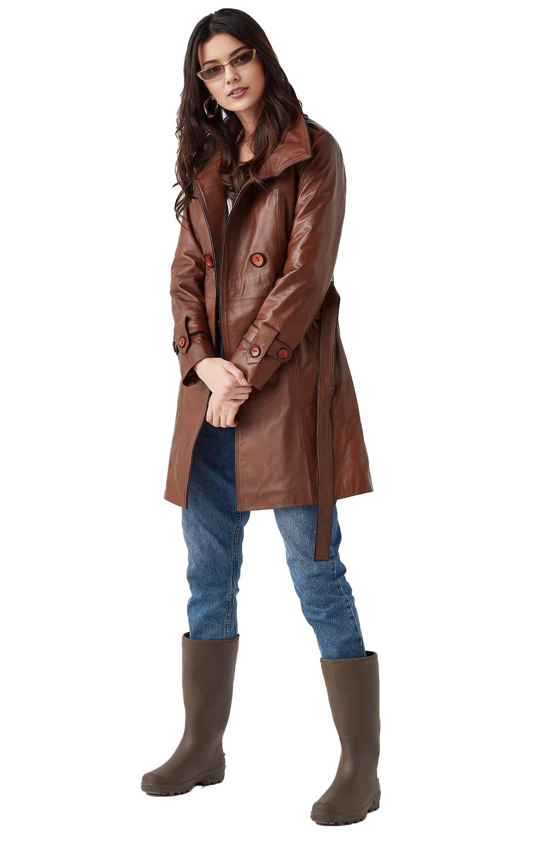 Olivia Brown Leather Coat For Women
