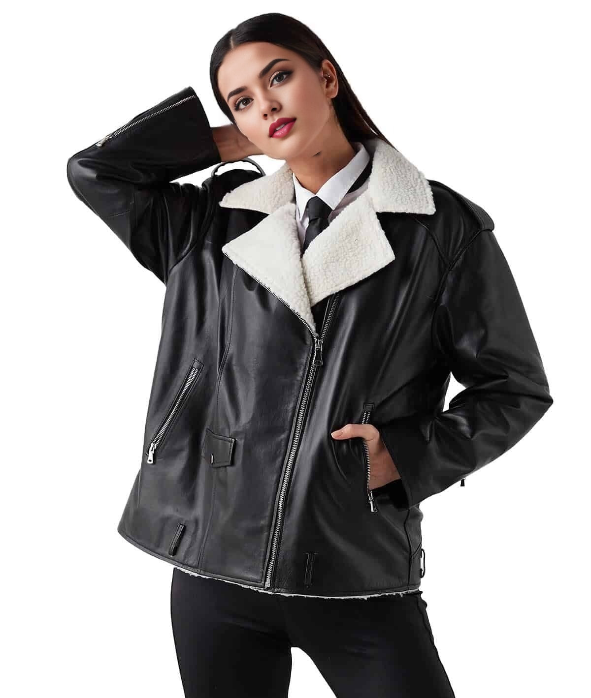 Andrea Black Fur Leather Jacket For Women
