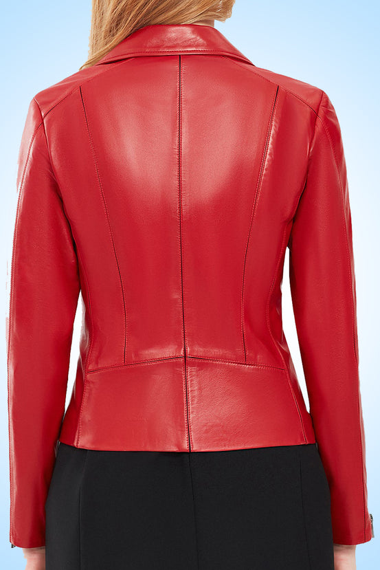 Kiara Red Slim-Fit Biker Leather Jacket For Women