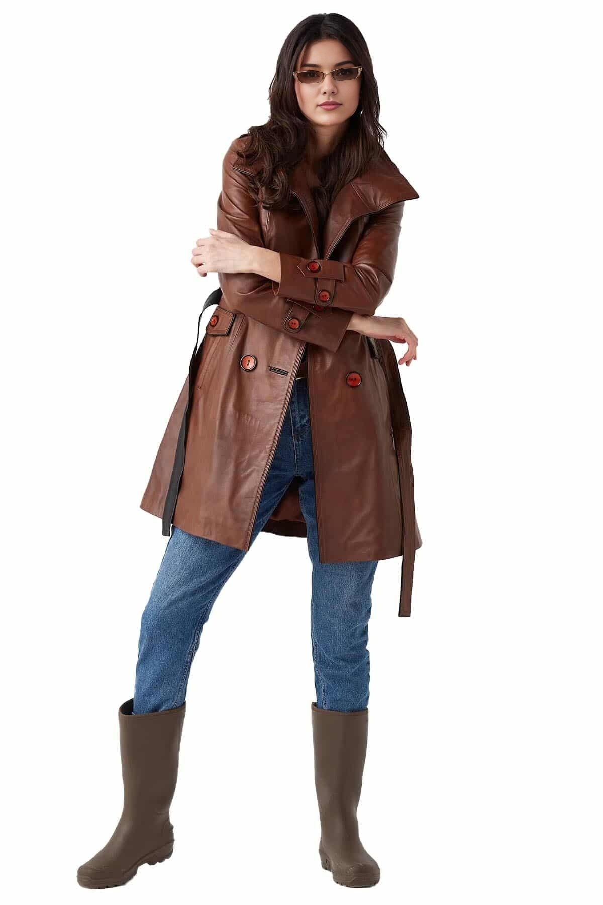 Olivia Brown Leather Coat For Women