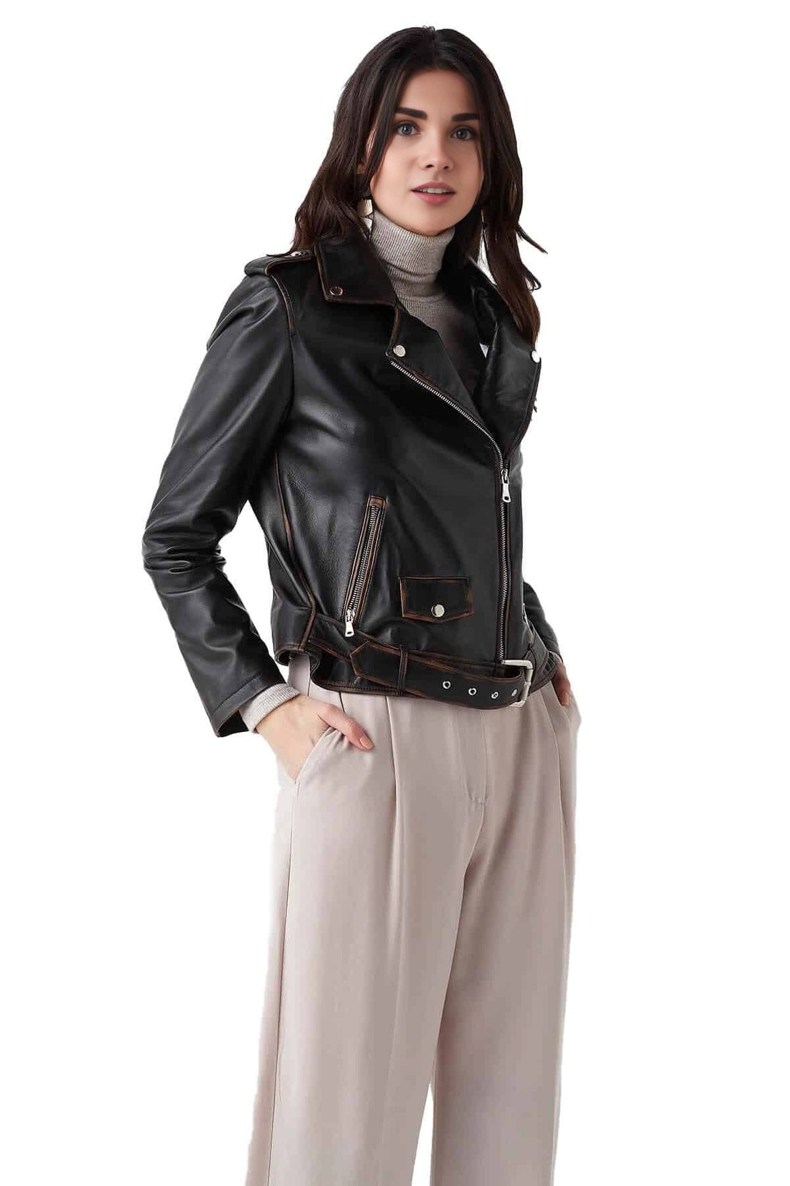 Patricia Black Distressed Leather Jacket For Women