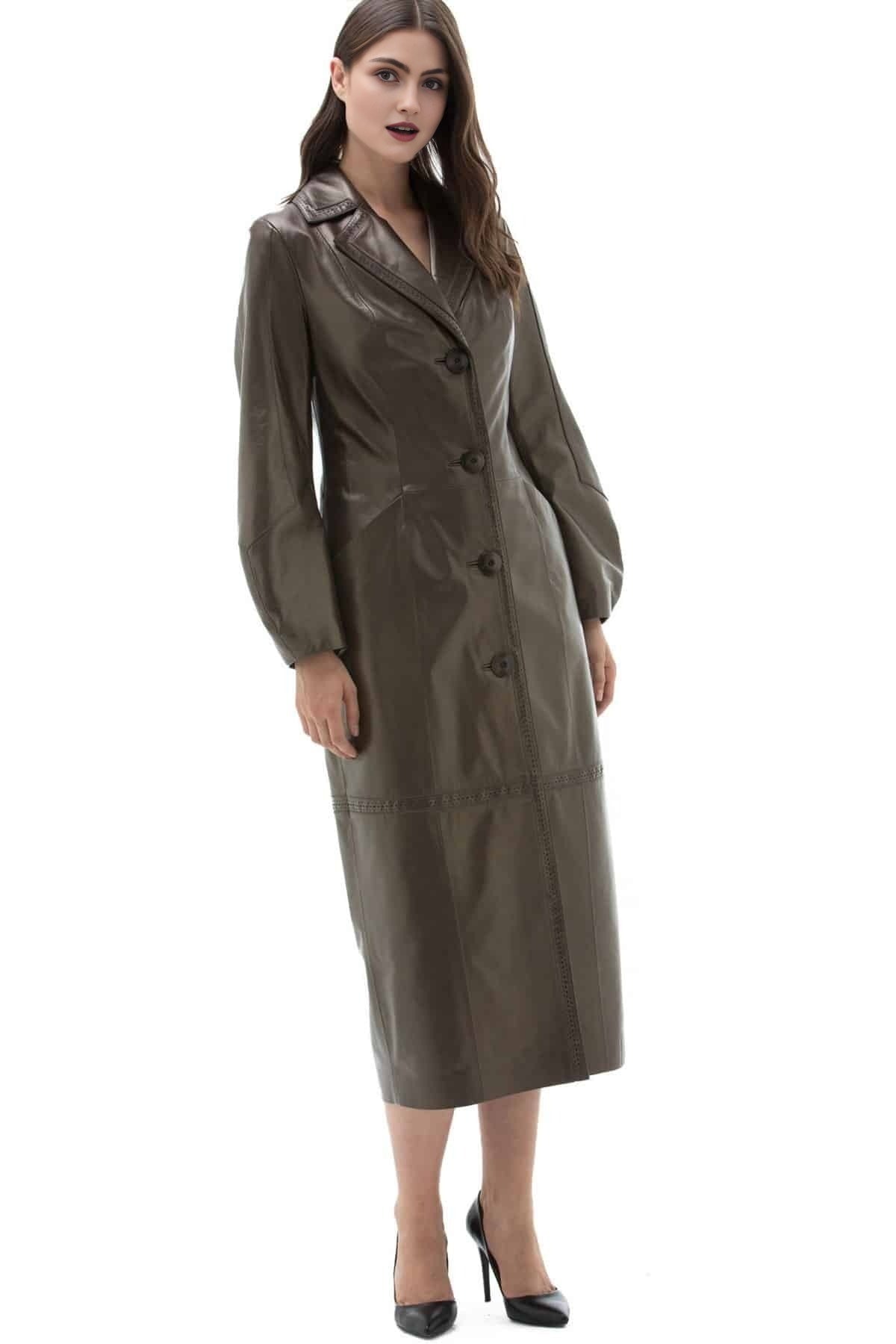 Annie Bronze Long Leather Coat For Women