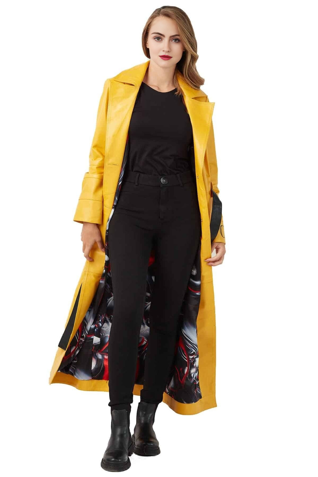 Madeline Yellow Long Leather Coat With Center Belted For Women