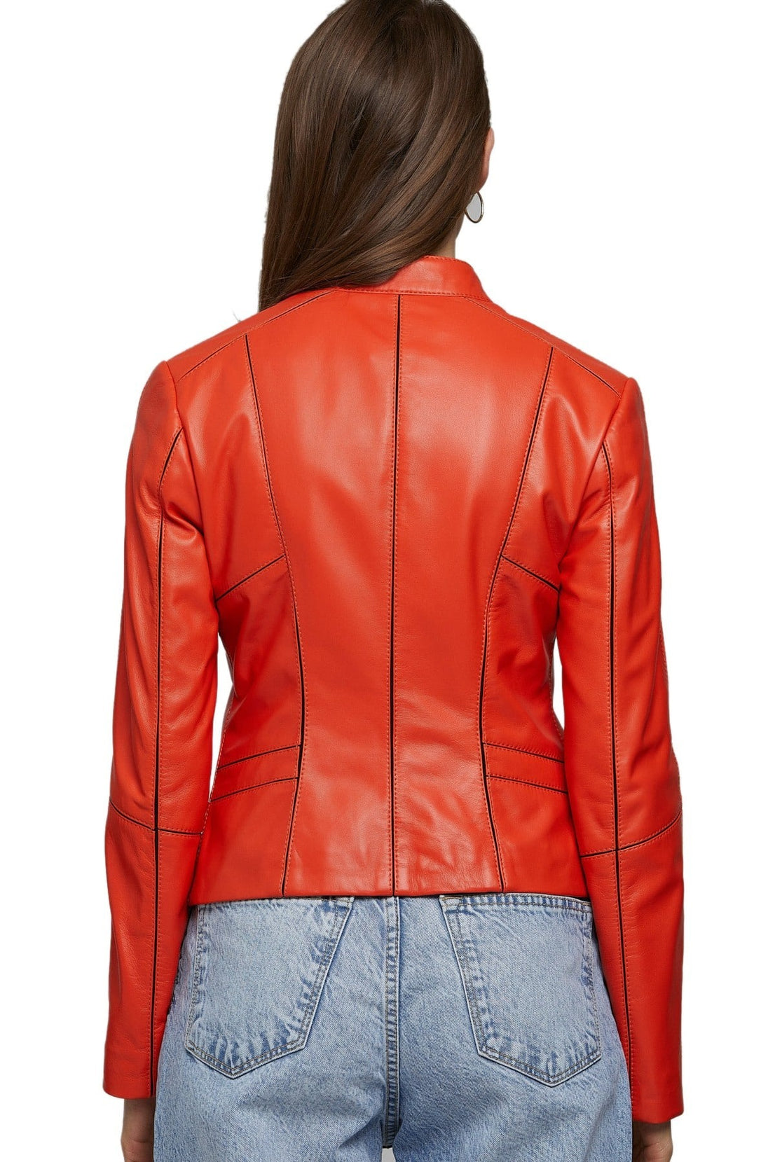 Selena Gomez Orange Cafe Racer Leather Jacket For Women
