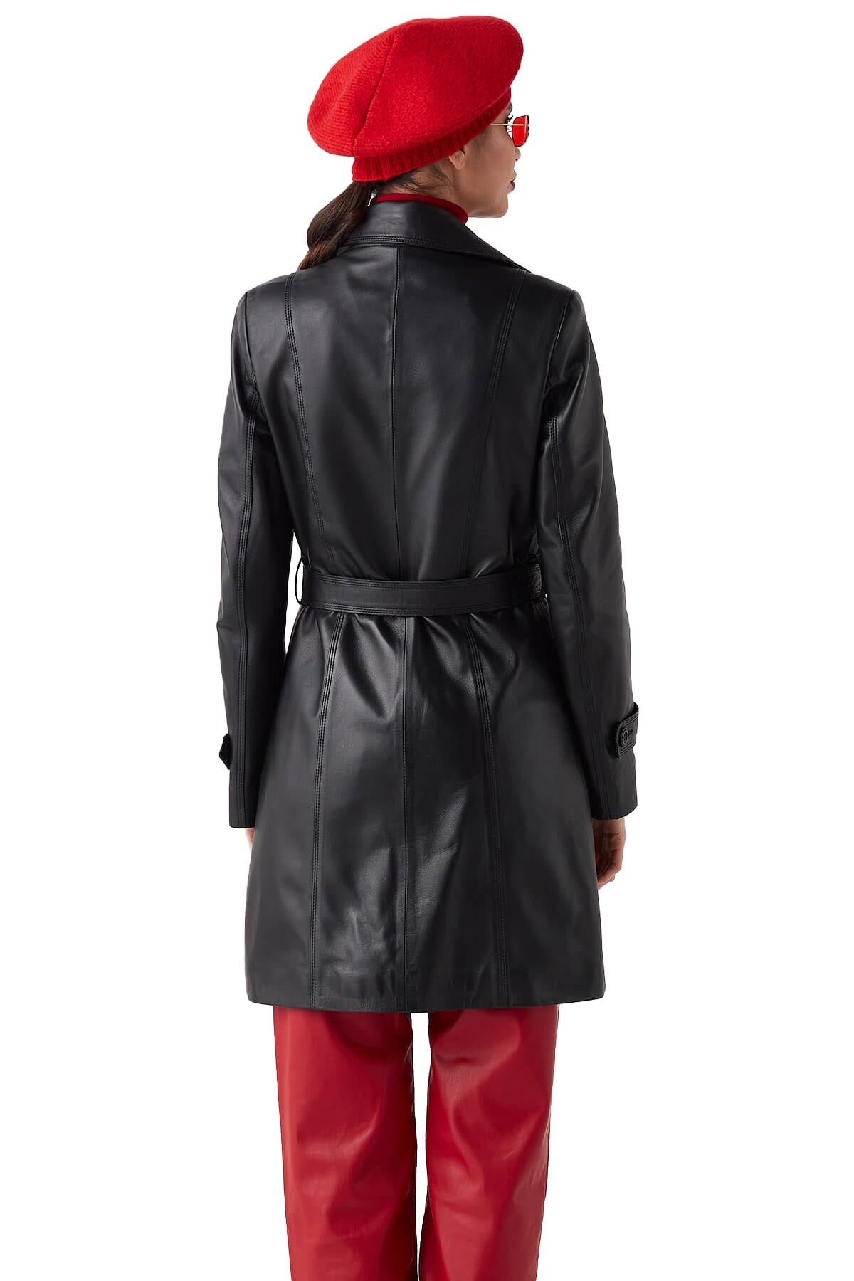 Keighley Black Trench Long Leather Coat For Women