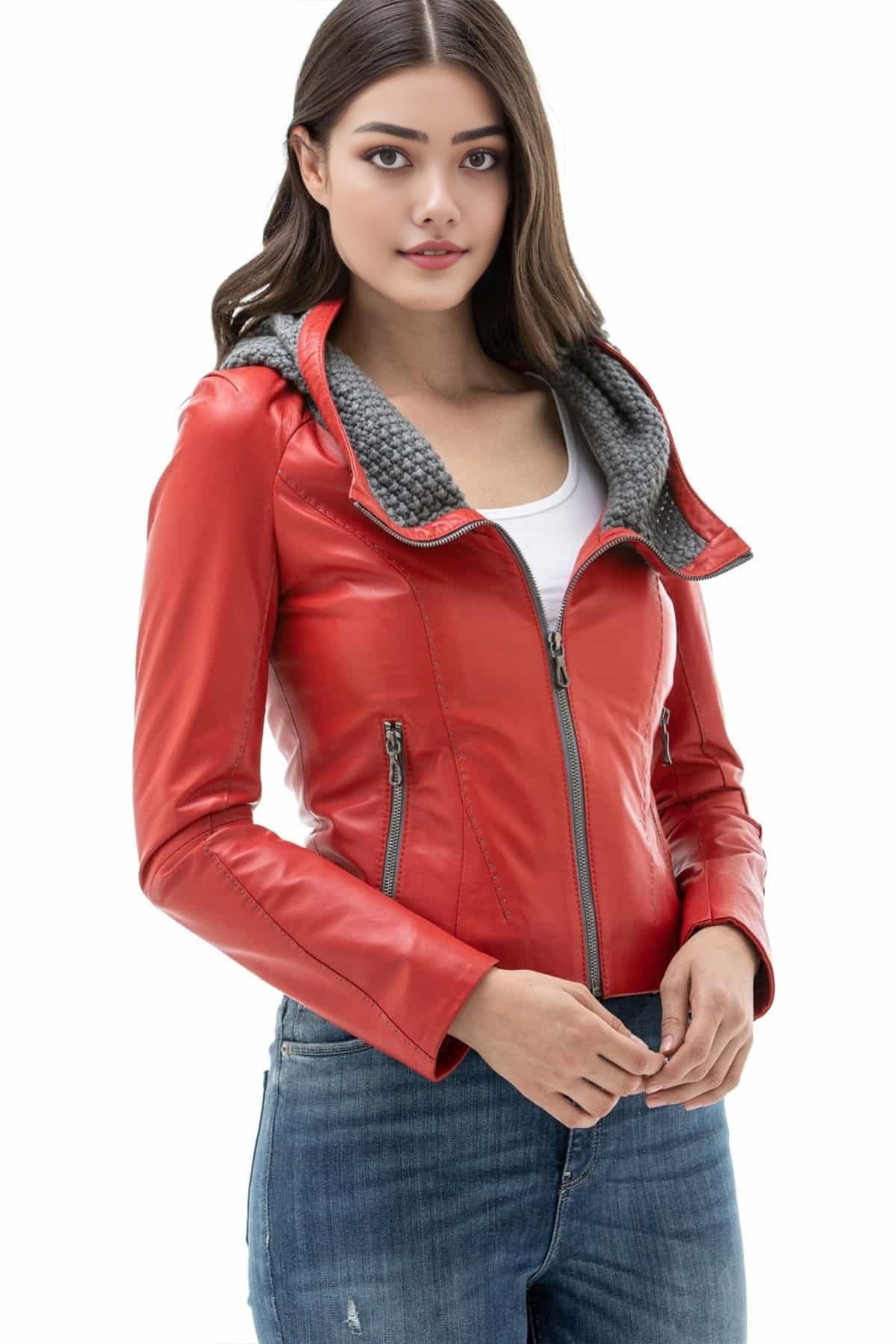Milani Red Hooded Leather Jacket For Women
