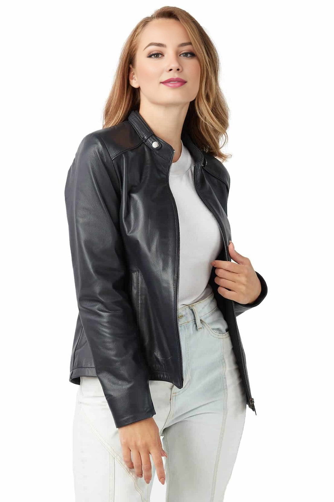 Megan Navy Blue Slim Fit Leather Jacket For Women
