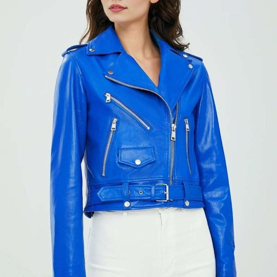 Helen Blue Short Stylish Leather Jacket For Women