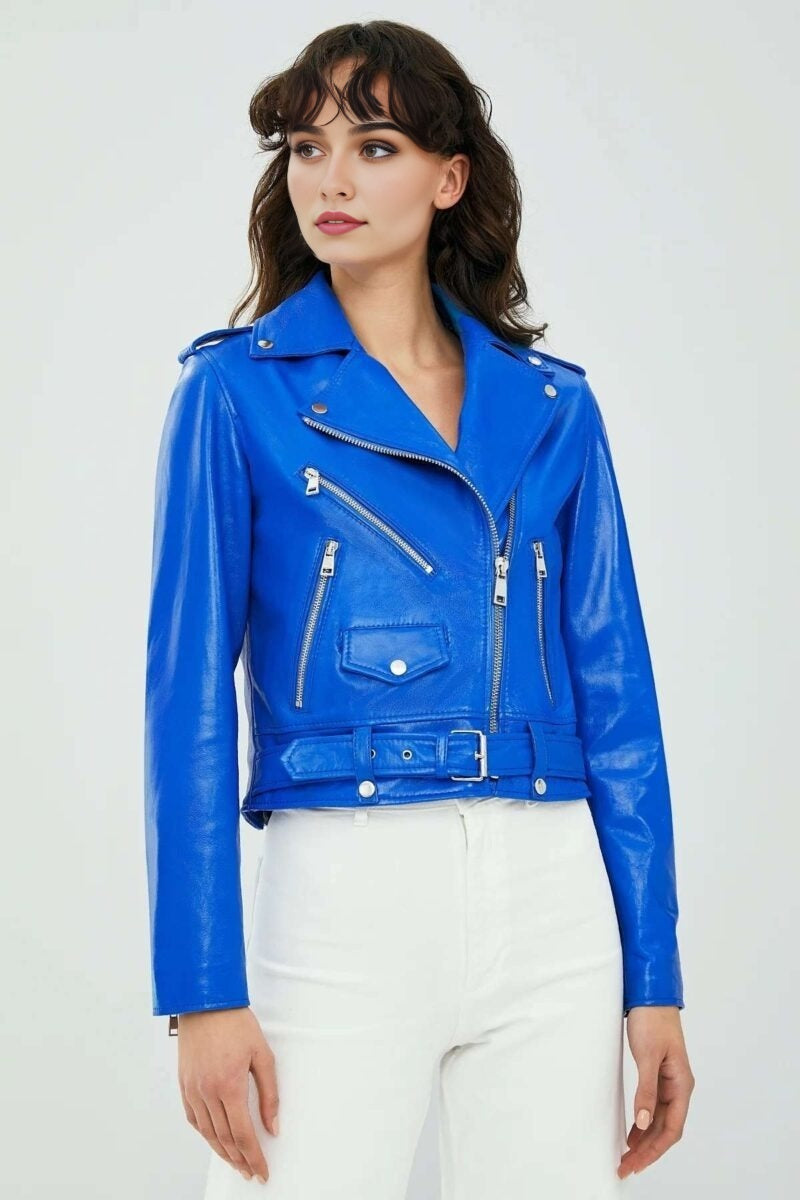 Helen Blue Short Stylish Leather Jacket For Women