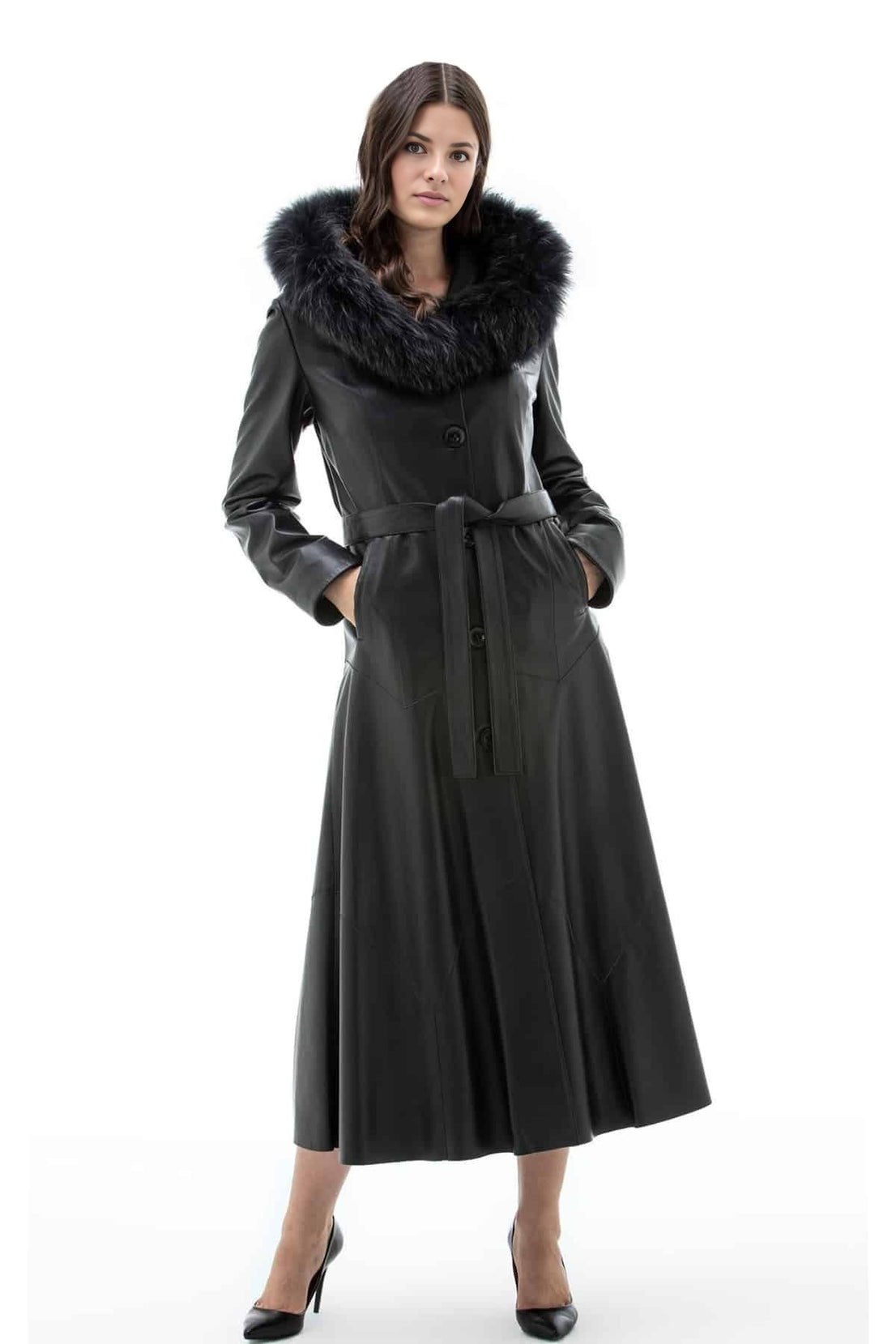Rosalie Black Long Leather Coat For Women