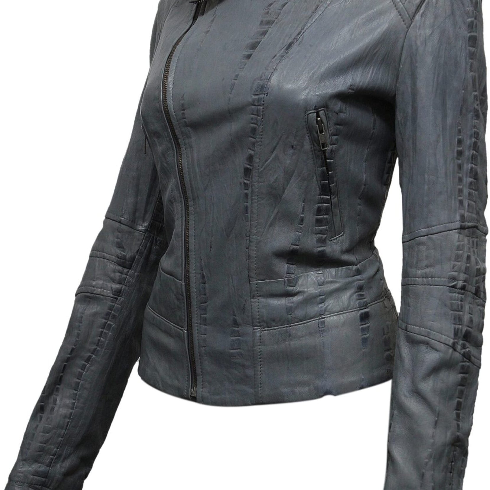 Womens Waxed Effect Asymmettric Grey Leather Jacket