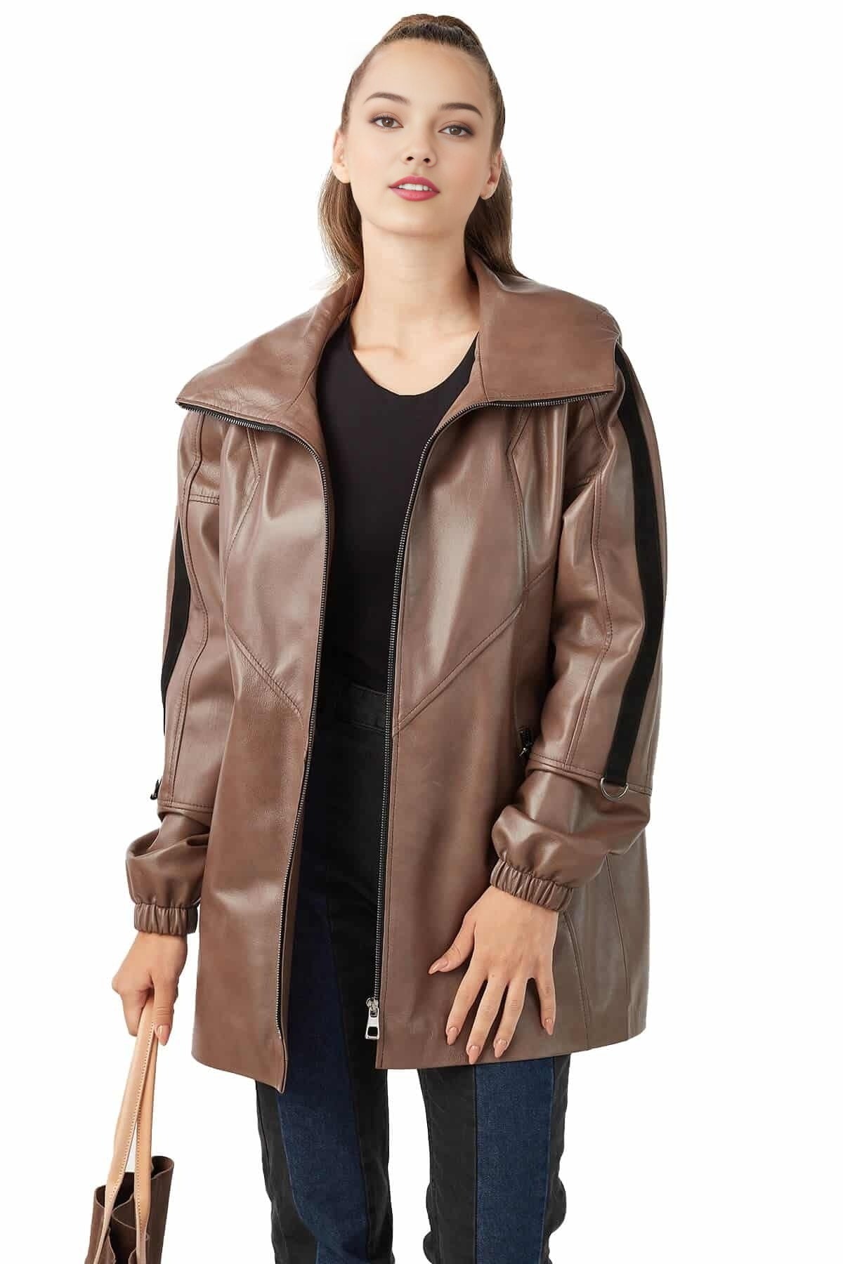 Debra Brown Leather Hooded Antique Coat For Women