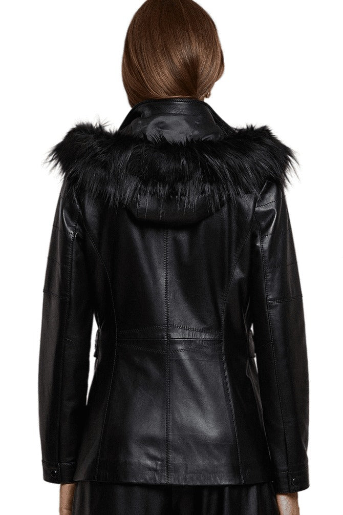 Jasmine Black Fur Hood Leather Coat For Women