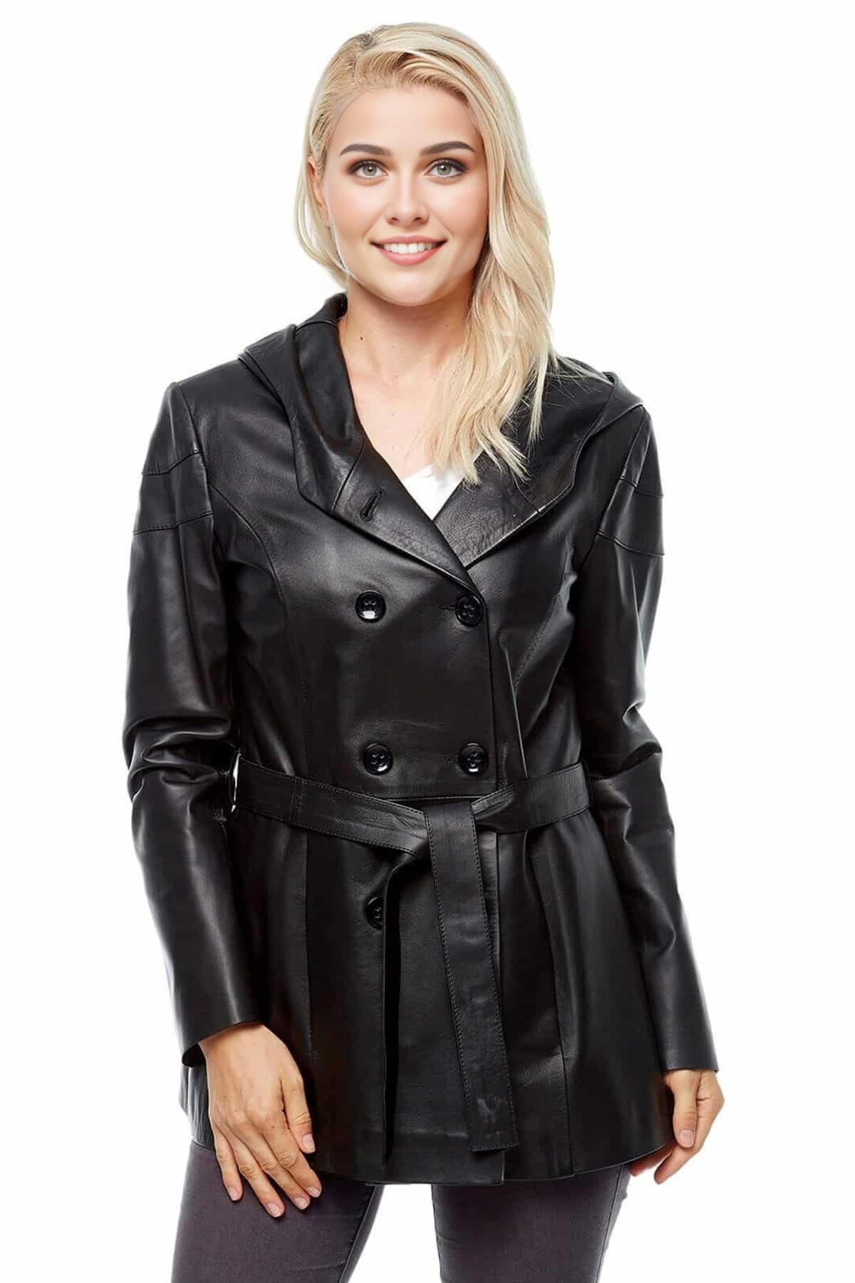 Natalie Black Trench Leather Coat For Women