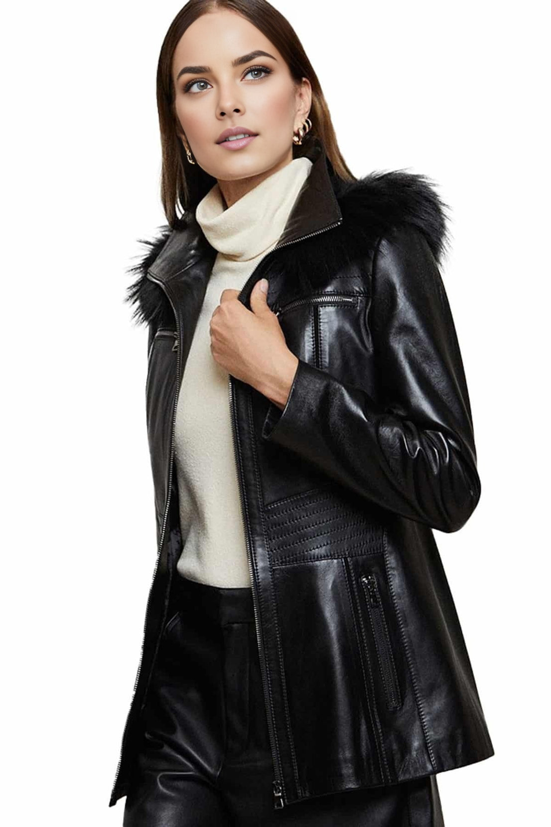 Cora Black Stylish Leather Coat With Fur Hood For Women