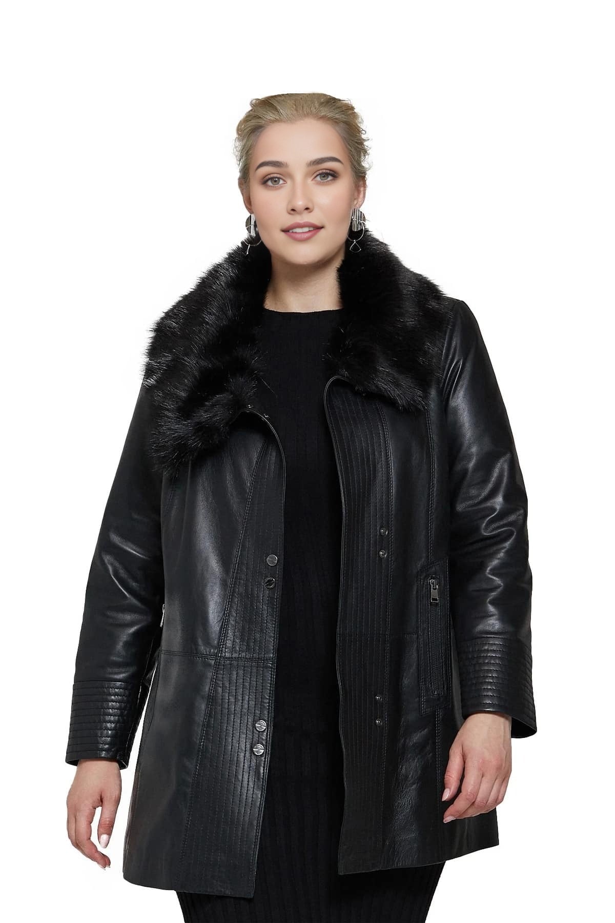 Michelle Black Trench Leather Coat For Women With Fur Collar