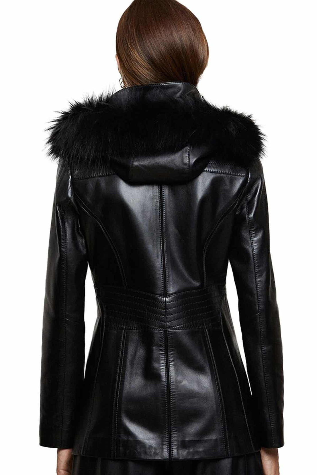 Cora Black Stylish Leather Coat With Fur Hood For Women