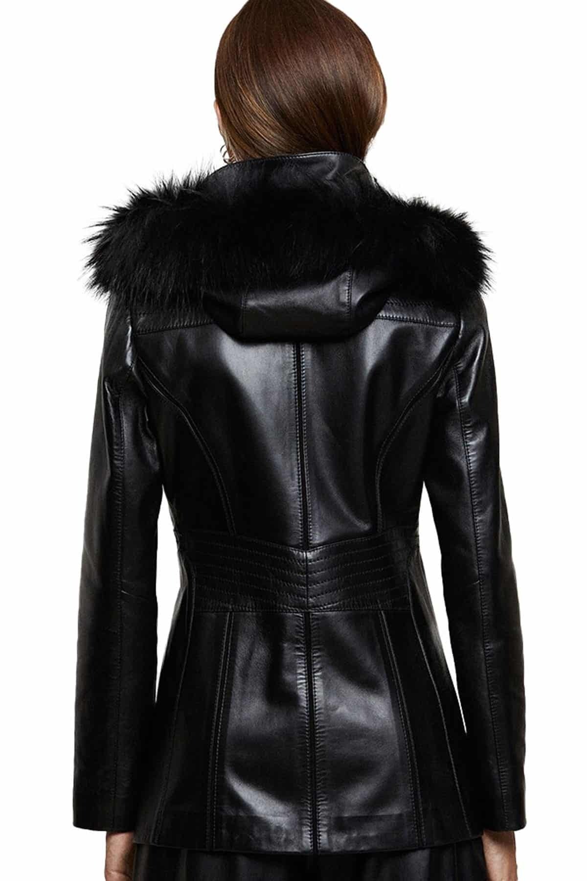 Cora Black Stylish Leather Coat With Fur Hood For Women