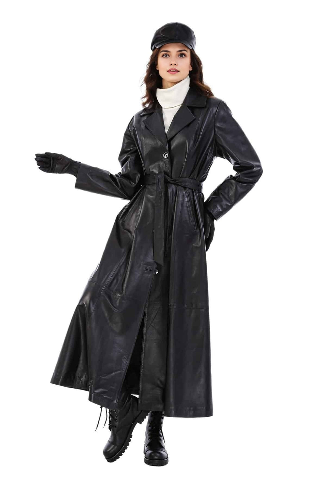 Jacqueline Black Long Trench Trending Leather Coat For Women