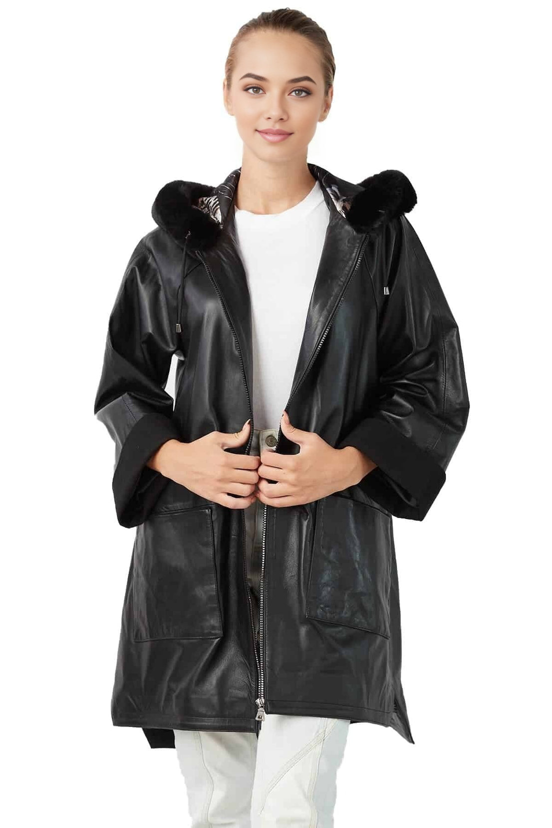 Queen Black Fur Hooded Leather Coat For Women