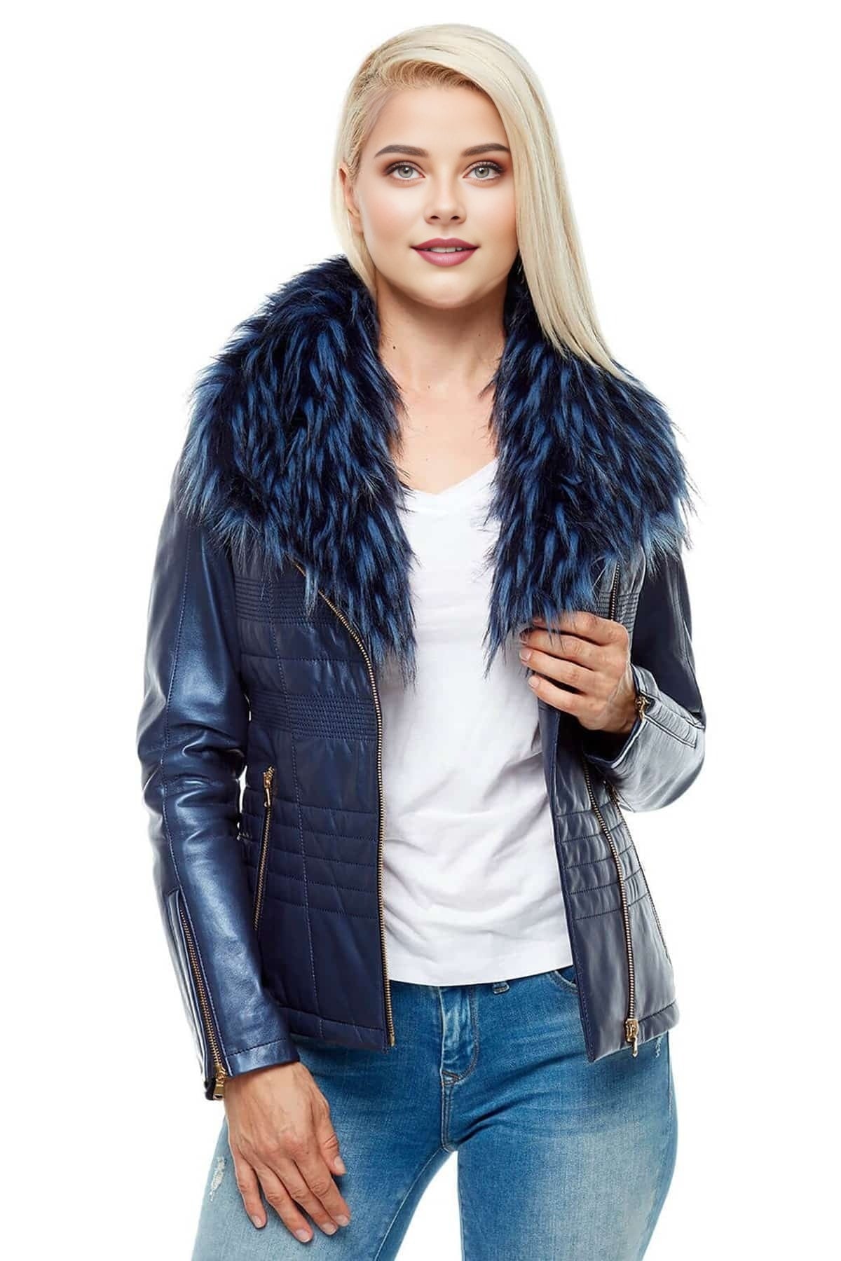 Maria Midnight Blue Leather Moto Removeable Fur Jacket For Women