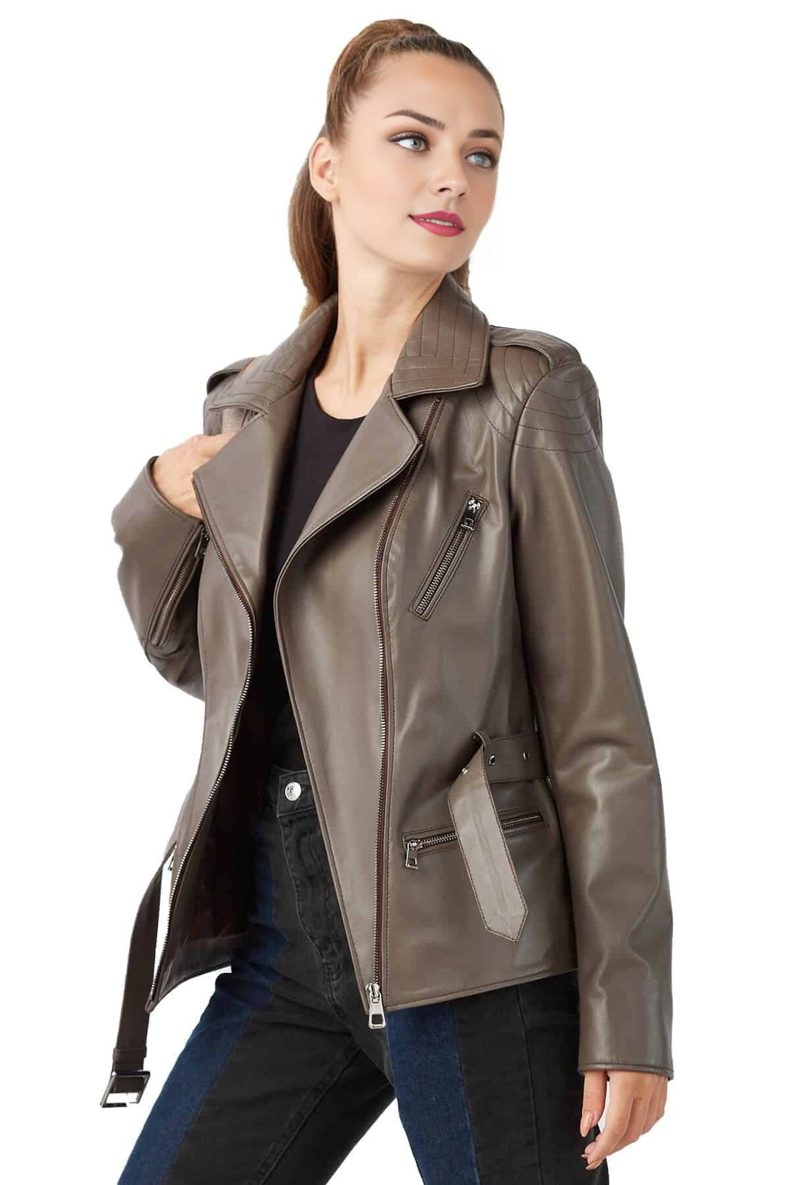Alenxendra Mink Color Leather Jacket For Women