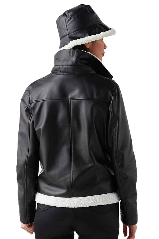 Annie Black Leather Jacket With White Fur For Women