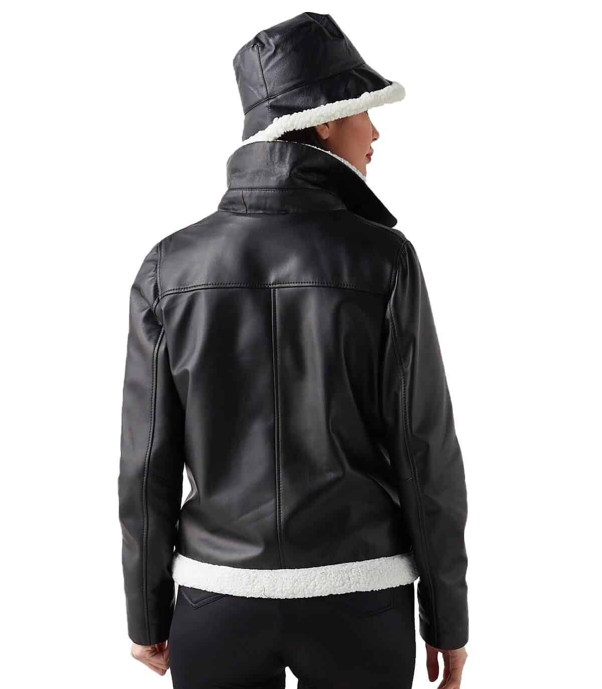 Annie Black Leather Jacket With White Fur For Women