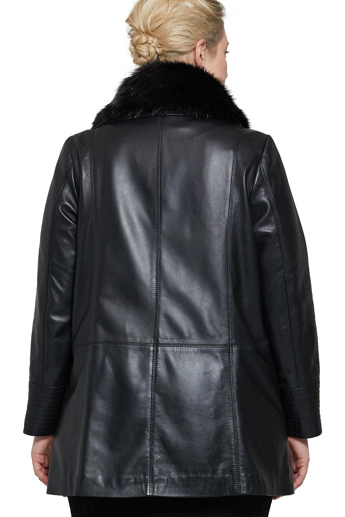 Michelle Black Trench Leather Coat For Women With Fur Collar