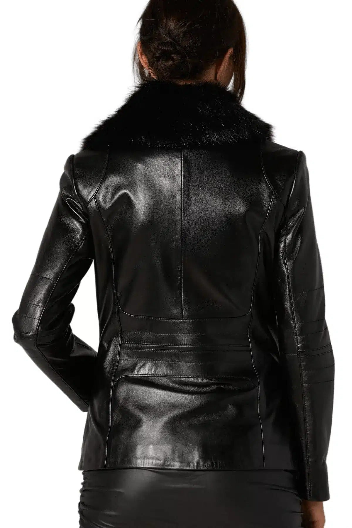 Juniper Black Fur Collar Leather Jacket For Women