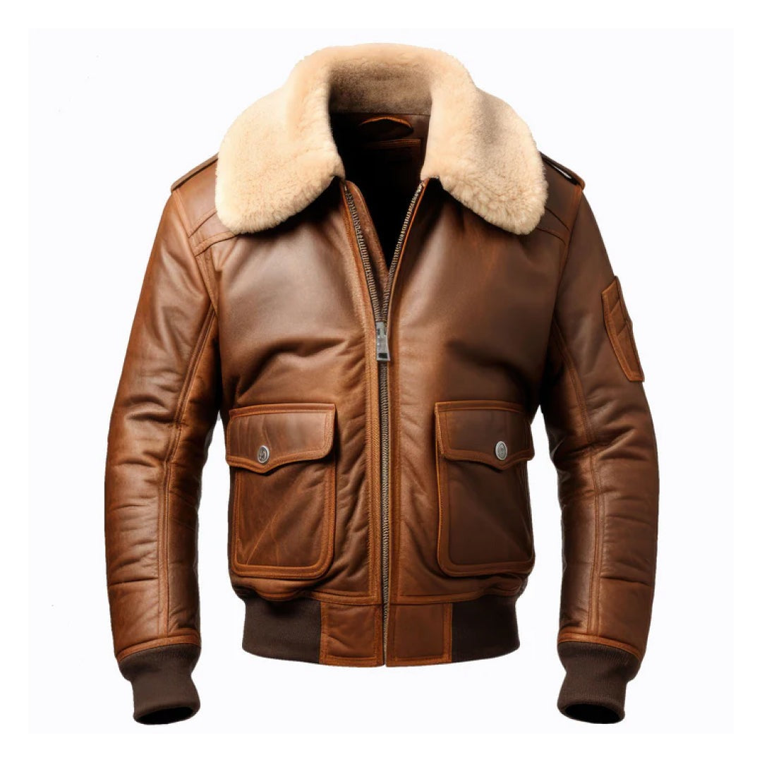 Andrew Brown Bomber Leather Jacket For Men With Fur Collar