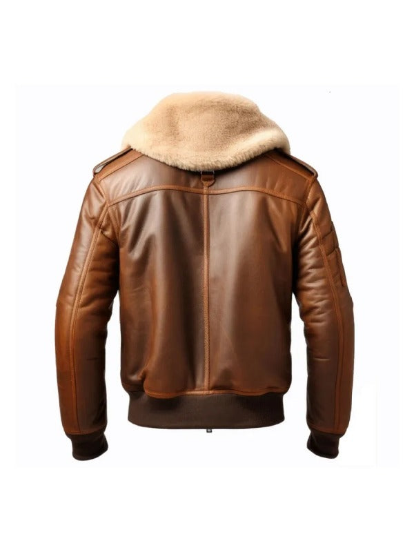 Andrew Brown Bomber Leather Jacket For Men With Fur Collar