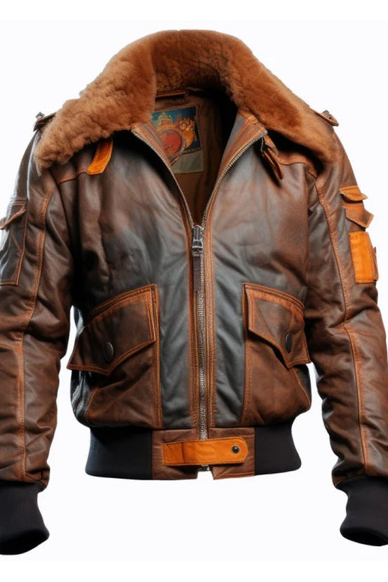 Matthew	Stylish Bomber Fur Collar Leather Jacket For Men