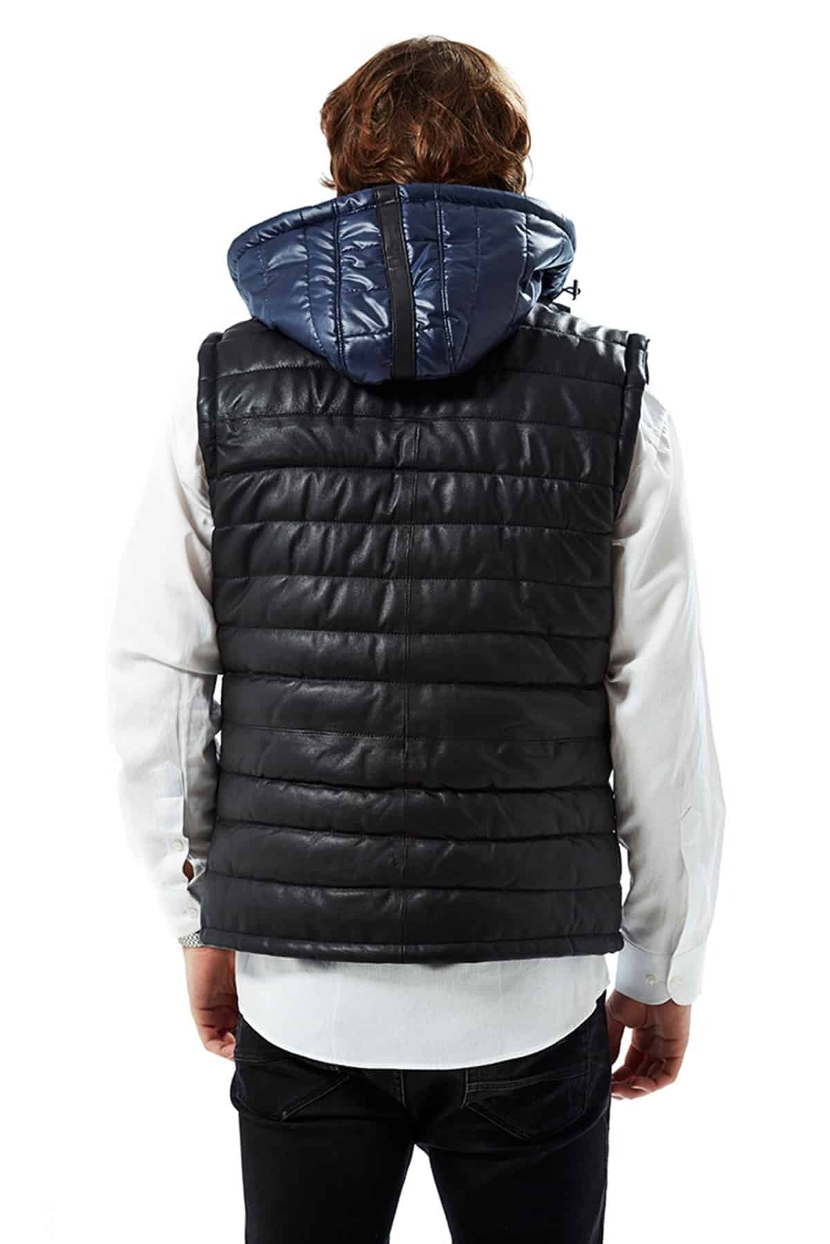 John Navy Blue Hooded Leather Vest For Men