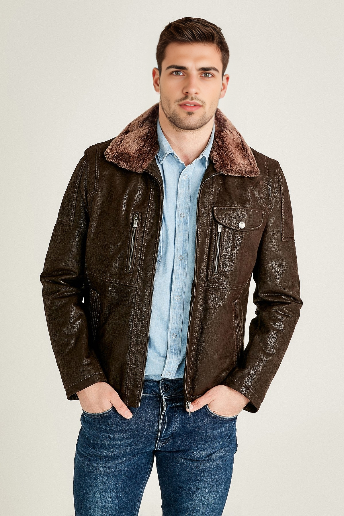 Men's Brown Fur Collar Leather Jacket For Men