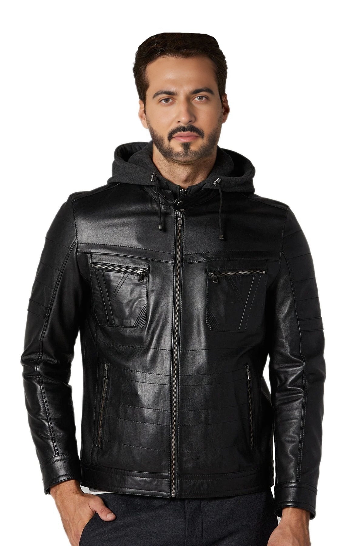 Walter Black Hooded Leather Jacket For Men