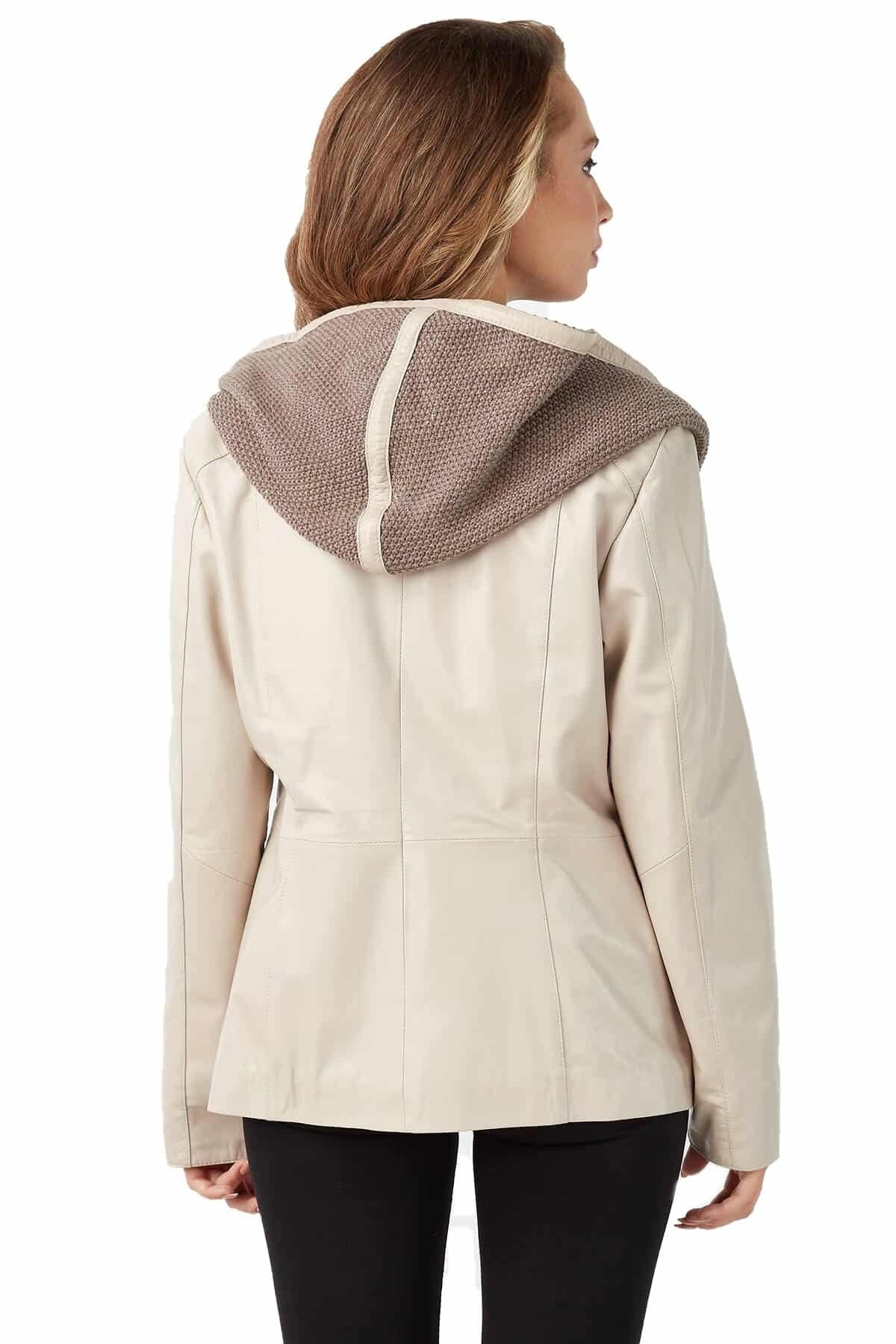 Martha Beige Tweed Hooded Leather Coat For Women