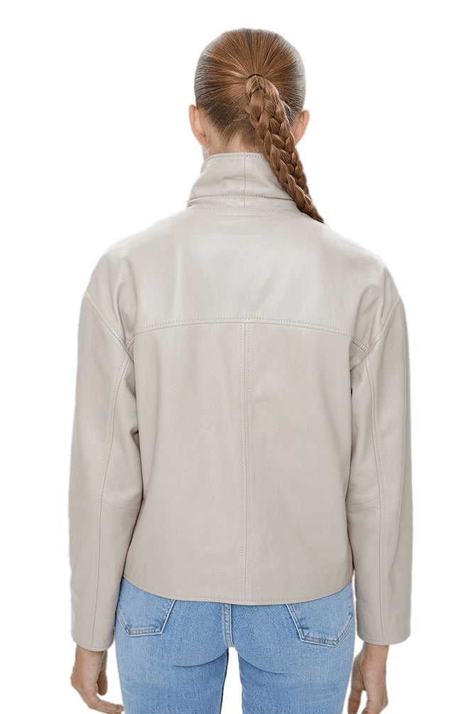 Valentina Beige Stand Up Collar Leather Coat For Women