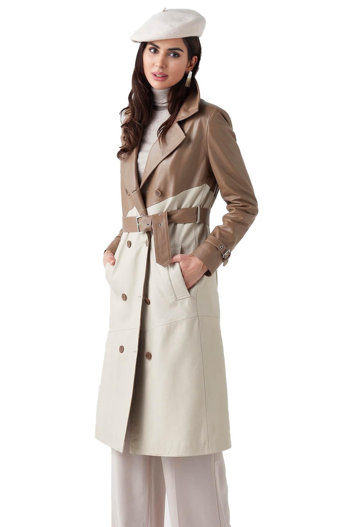 Athena Beige & Cappuccino Long Leather Coat For Women
